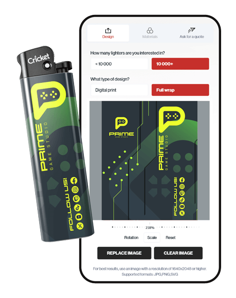 A customized cricket lighter and phone showcasing the design your own -tool.